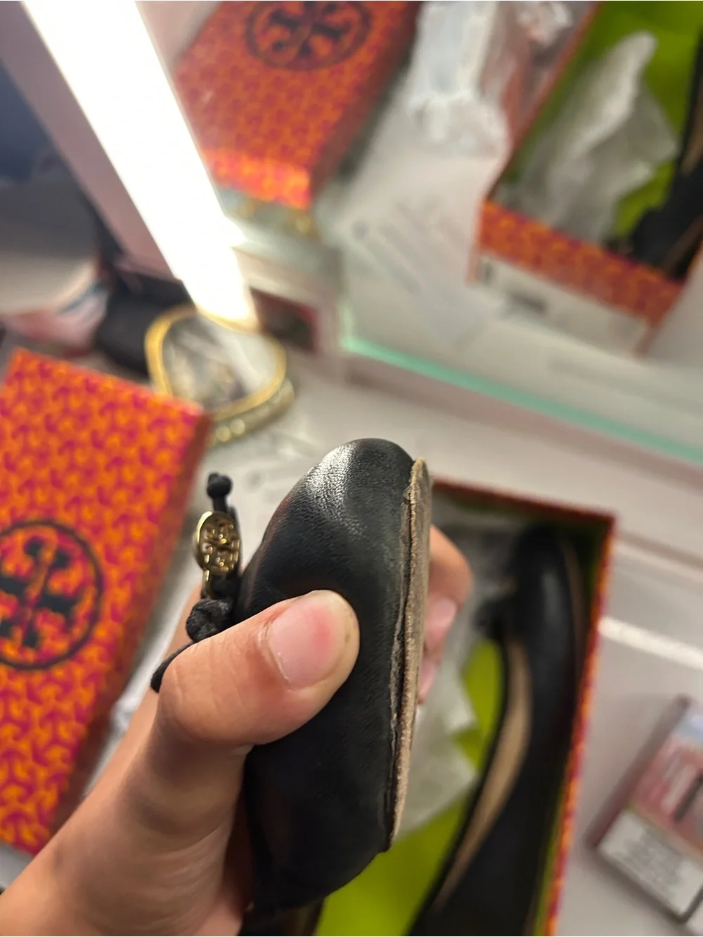 Tory Burch Black Leather Logo Ballet Flats with Gold Medallion